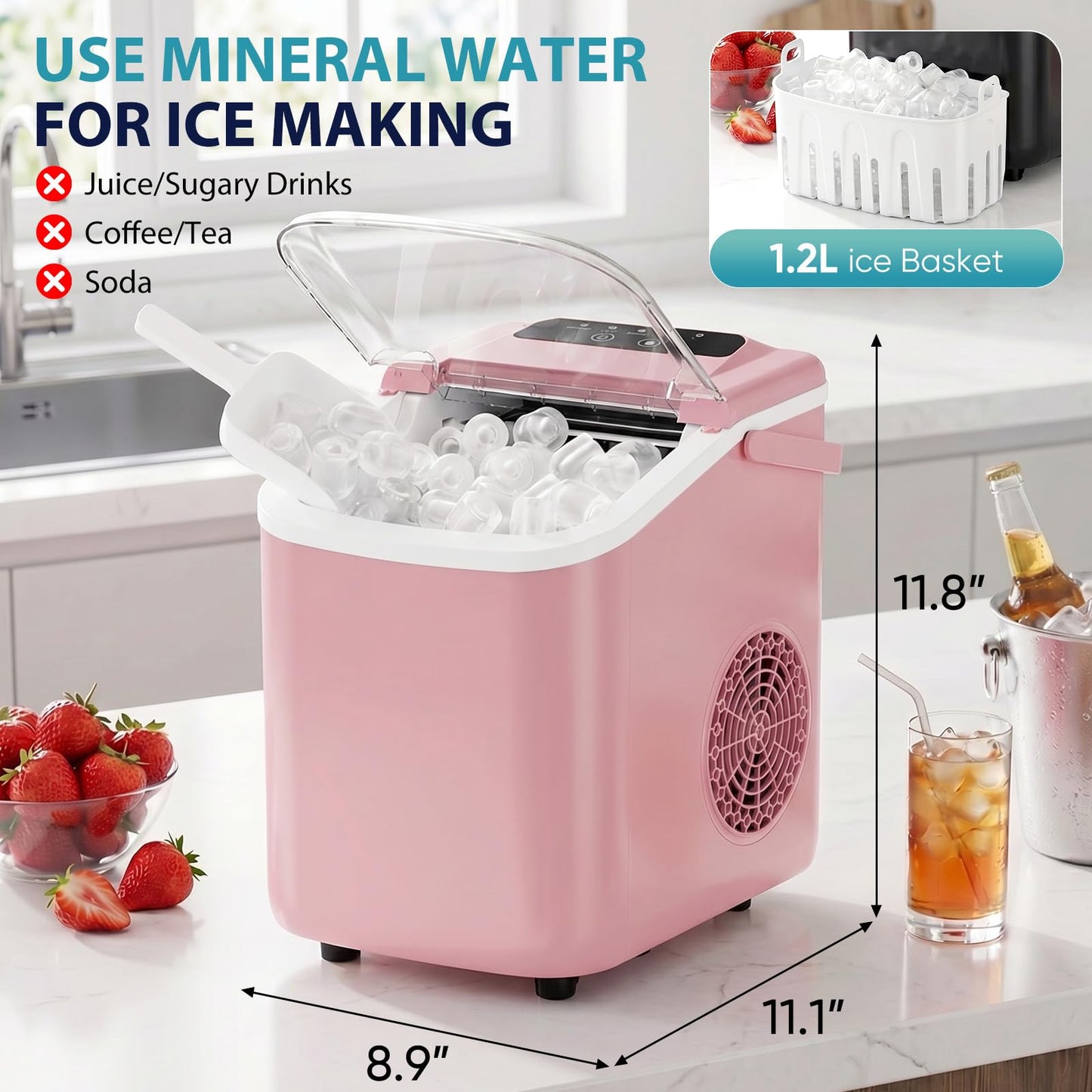 DUMOS Ice Maker Countertop, Ice Machine with Portable Handle, Basket and Scoop, 26lbs Daily, 9 Bullet Cubes in 6-8 Mins, Auto-Cleaning for Home, Kitchen, Office, Outdoors, RV Camping