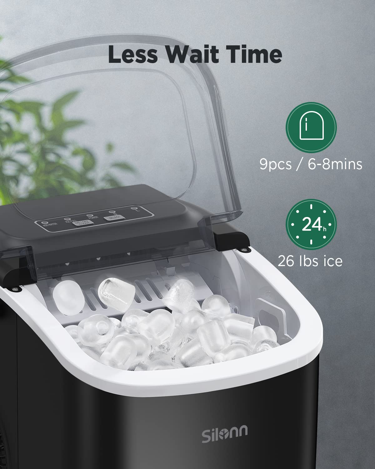 Silonn Ice Makers Countertop, 44lbs Per Day, 2 Ways to Add Water, Auto Self-Cleaning, Stainless Steel Ice Machine for Home Office Bar Party