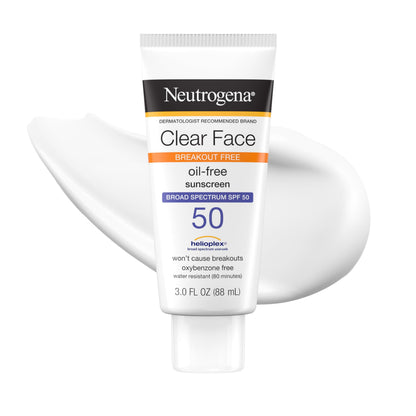 Neutrogena Clear Face Sunscreen Lotion SPF 50 for Acne-Prone Skin Broad Spectrum UVA UVB Protection Oil-Free No-Fragrance No-Oxybenzone Water-Resistant Daily Face Moisturizer, 3 fl oz
