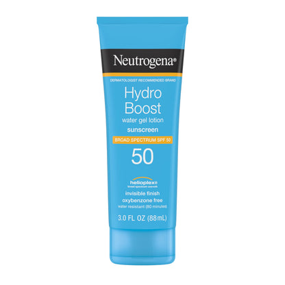 Neutrogena Hydro Boost Water Gel Sunscreen SPF 50, Oil‑Free Hydrating & Water‑Resistant Face & Body Sunscreen Lotion, Non‑Greasy, Broad Spectrum, Lightweight Moisturizer, 3 fl oz