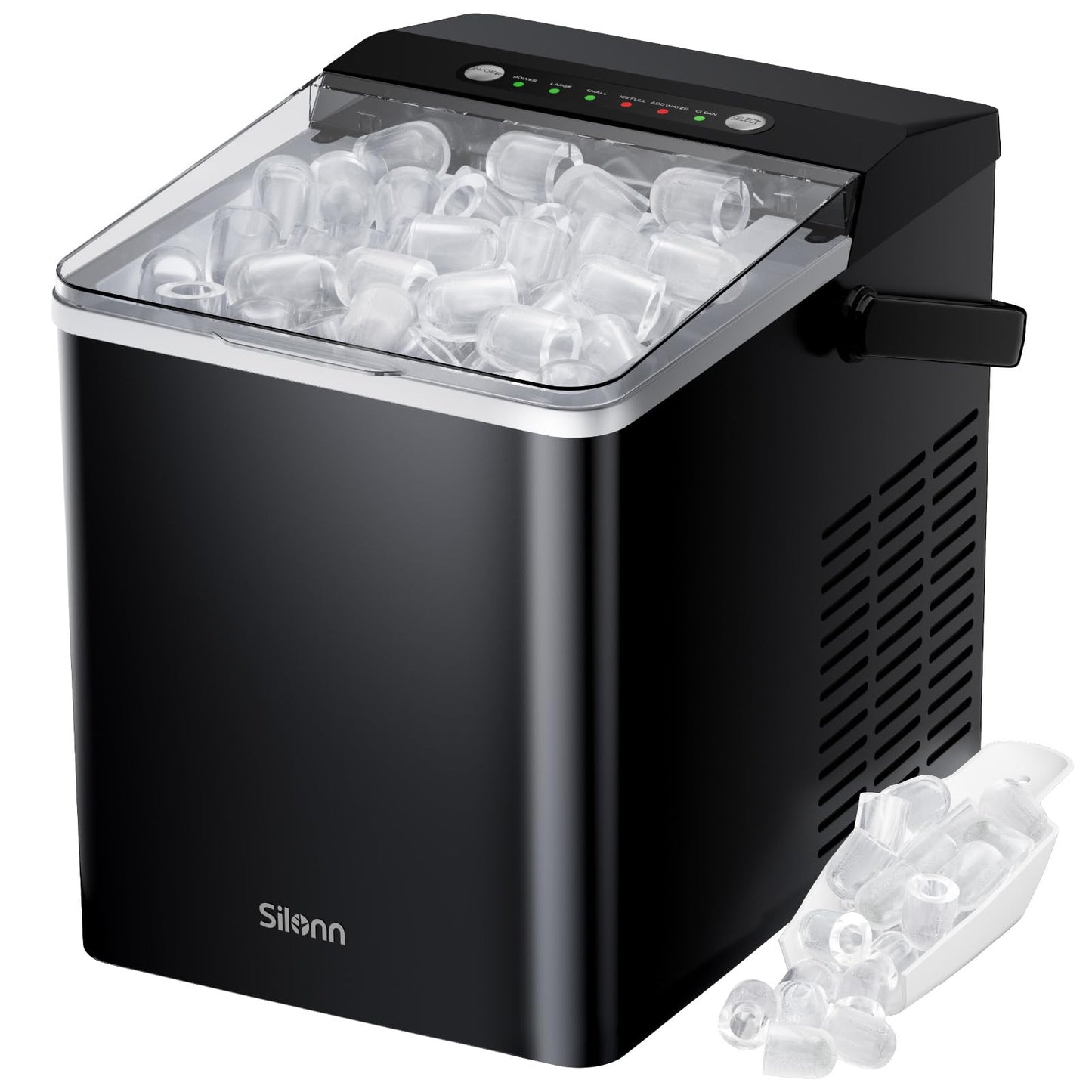 Silonn Ice Maker Countertop, Portable Ice Machine with Carry Handle, Self-Cleaning Ice Makers with Basket and Scoop, 9 Cubes in 6 Mins, 26 lbs per Day, Ideal for Home, Kitchen, Camping, RV