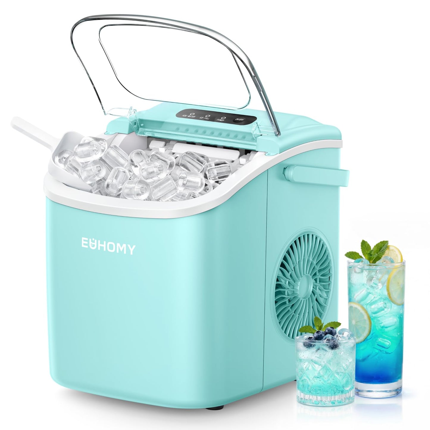 EUHOMY Countertop Ice Maker Machine with Handle, 26lbs Per Day, 9 Ice Cubes Ready in 6 Mins, Auto-Cleaning Portable Ice Maker with Basket and Scoop, for Home/Kitchen/Camping/RV (Purple)