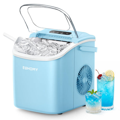 EUHOMY Countertop Ice Maker Machine with Handle, 26lbs Per Day, 9 Ice Cubes Ready in 6 Mins, Auto-Cleaning Portable Ice Maker with Basket and Scoop, for Home/Kitchen/Camping/RV (Purple)