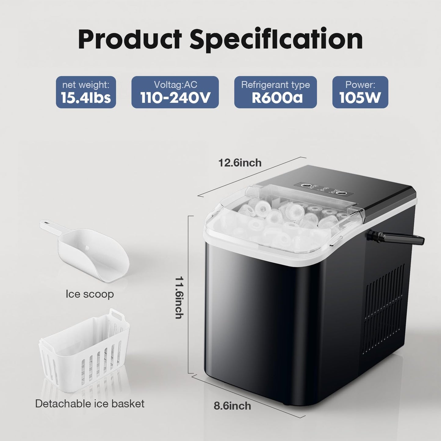Sweetcrispy Countertop Ice Maker with Scoop, Basket and Handle, Portable Ice Machine 9 Cubes Ready in 6 Mins, 26.5lbs in 24Hrs, 2 Sizes for Home Kitchen Office Bar Party, Green