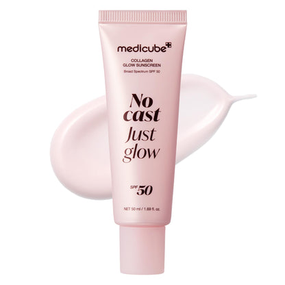 medicube Sunscreen No Cast Just Glow Collagen | SPF 50 Broad Spectrum Face Sunscreen | Lightweight, Non-Sticky, Hydrating Formula | Peptide, Cica for Soothing & Glow | Korean Skincare