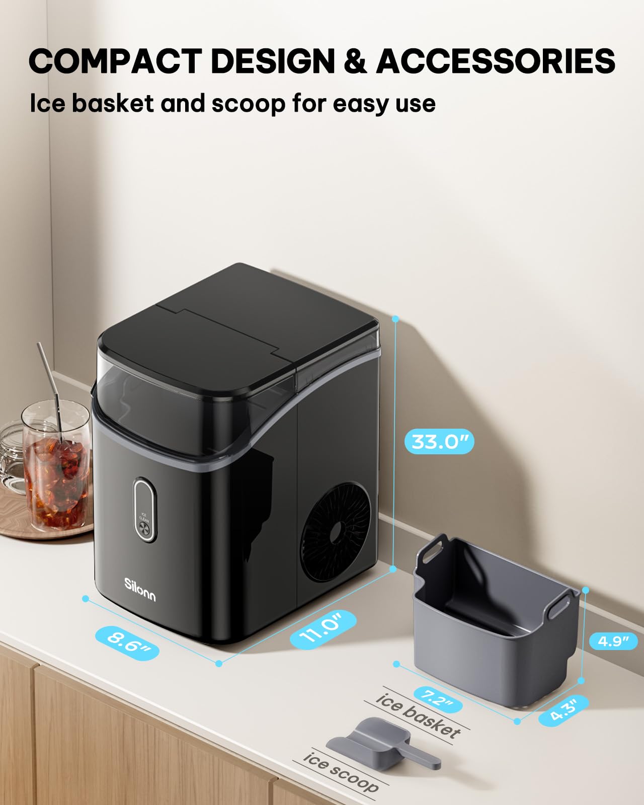 Nugget Ice Maker Countertop, Silonn Chewable Pellet Ice Machine with Self-Cleanin Function, 36lbs/24H Portable Ice Makers for Home Kitchen Officce, Black