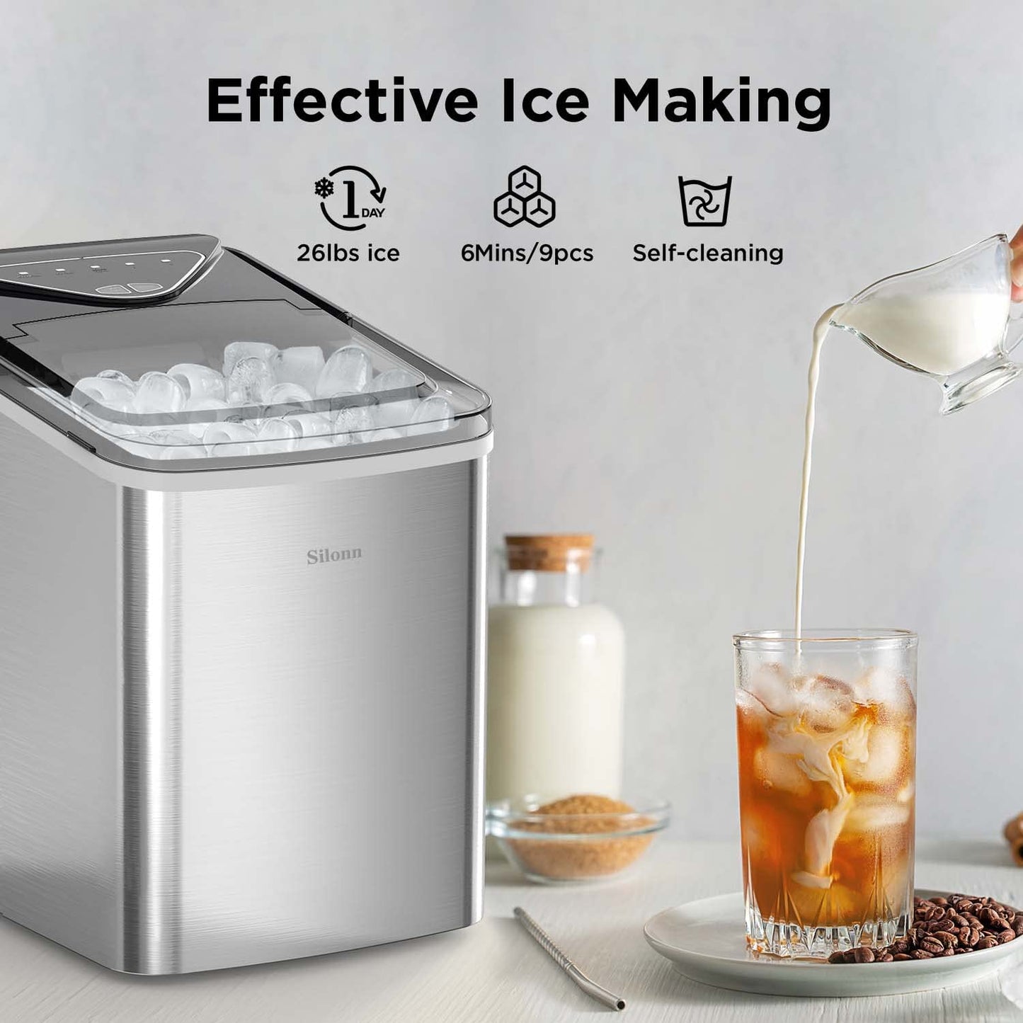 Nugget Ice Maker Countertop, Silonn Chewable Pellet Ice Machine with Self-Cleanin Function, 36lbs/24H Portable Ice Makers for Home Kitchen Officce, Black