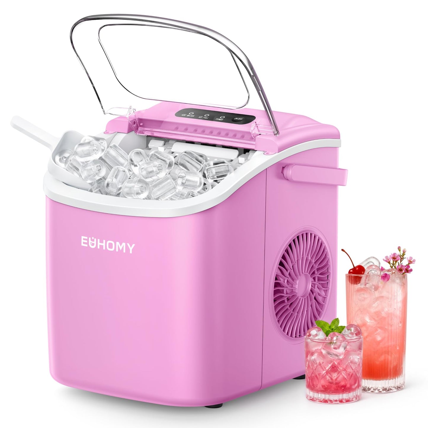 EUHOMY Countertop Ice Maker Machine with Handle, 26lbs Per Day, 9 Ice Cubes Ready in 6 Mins, Auto-Cleaning Portable Ice Maker with Basket and Scoop, for Home/Kitchen/Camping/RV (Purple)