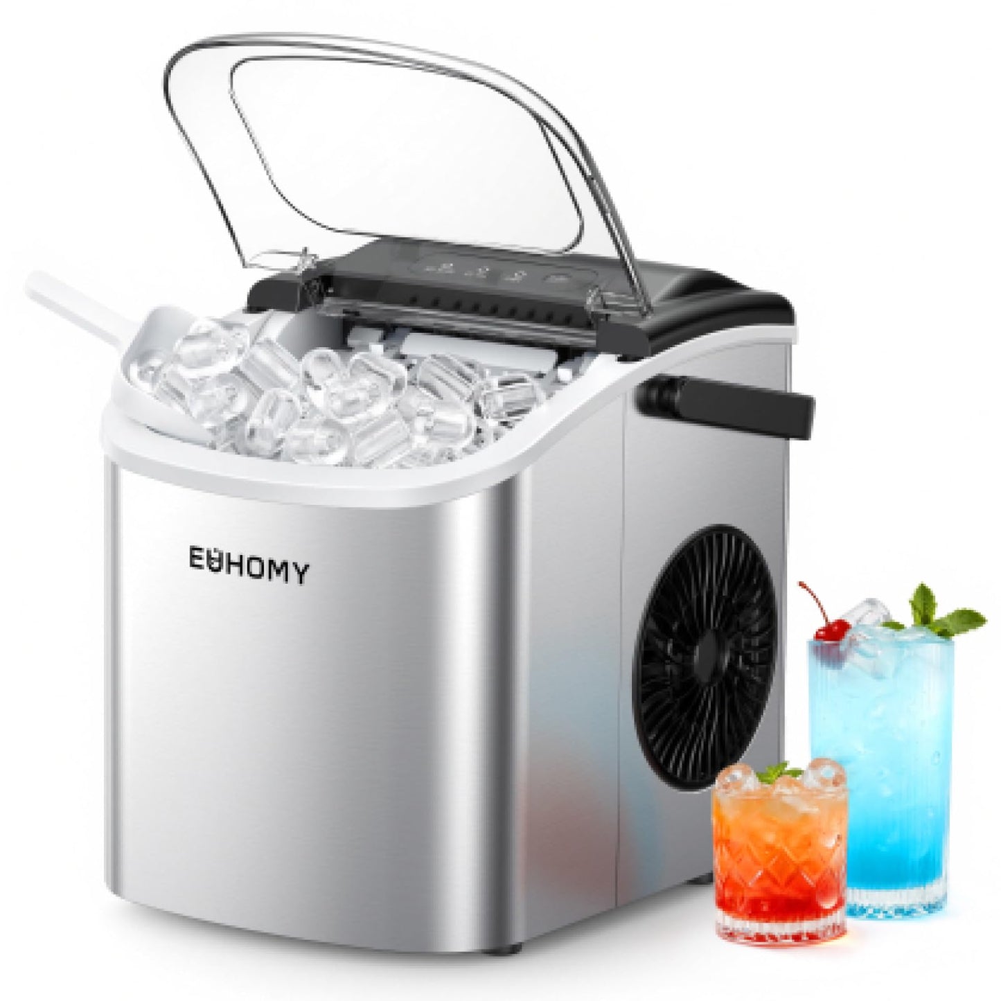 EUHOMY Countertop Ice Maker Machine with Handle, 26lbs Per Day, 9 Ice Cubes Ready in 6 Mins, Auto-Cleaning Portable Ice Maker with Basket and Scoop, for Home/Kitchen/Camping/RV (Purple)
