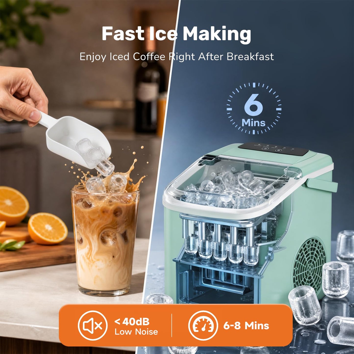 Sweetcrispy Countertop Ice Maker with Scoop, Basket and Handle, Portable Ice Machine 9 Cubes Ready in 6 Mins, 26.5lbs in 24Hrs, 2 Sizes for Home Kitchen Office Bar Party