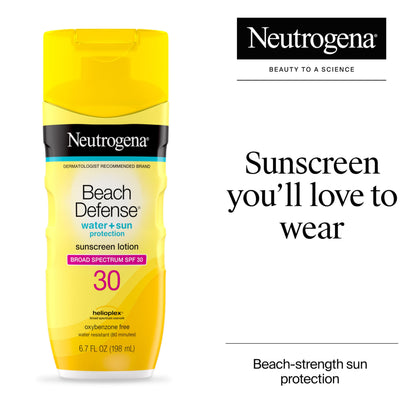 Neutrogena Beach Defense Sunscreen Lotion SPF 70 Broad Spectrum UVA UVB Protection Lightweight Water Resistant up to 80 Minutes Beach-Strength Sun Protection for Whole Family, 6.7 fl oz