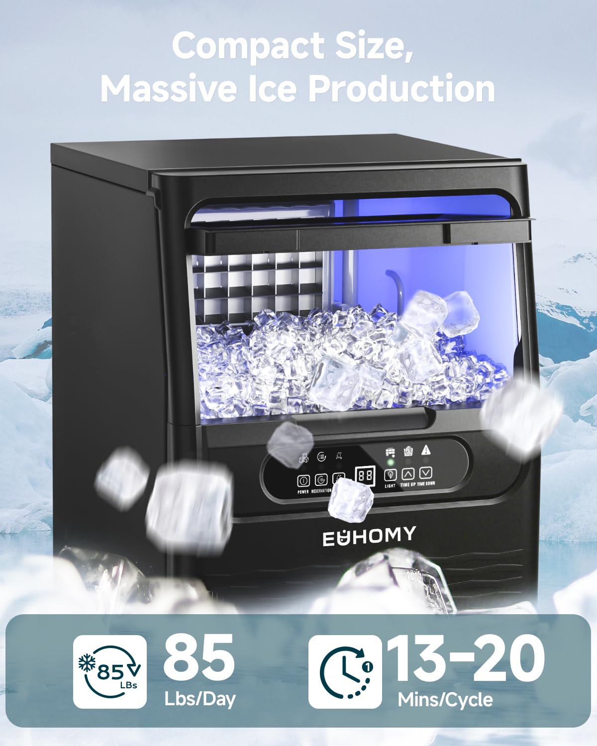 EUHOMY Commercial Ice Maker Machine, 100lbs/24H Stainless Steel Under Counter ice Machine with 33lbs Ice Storage Capacity, Freestanding Ice Maker.