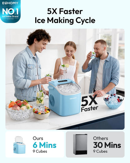 EUHOMY Countertop Ice Maker Machine with Handle, 26lbs Per Day, 9 Ice Cubes Ready in 6 Mins, Auto-Cleaning Portable Ice Maker with Basket and Scoop, for Home/Kitchen/Camping/RV (Purple)