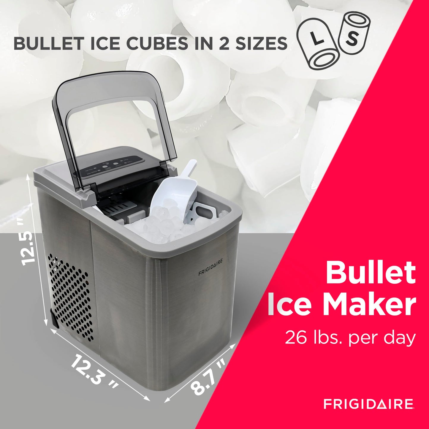 Frigidaire Countertop Portable, 26 lb per Day Bullet Ice Maker Machine (Black Stainless Steel)