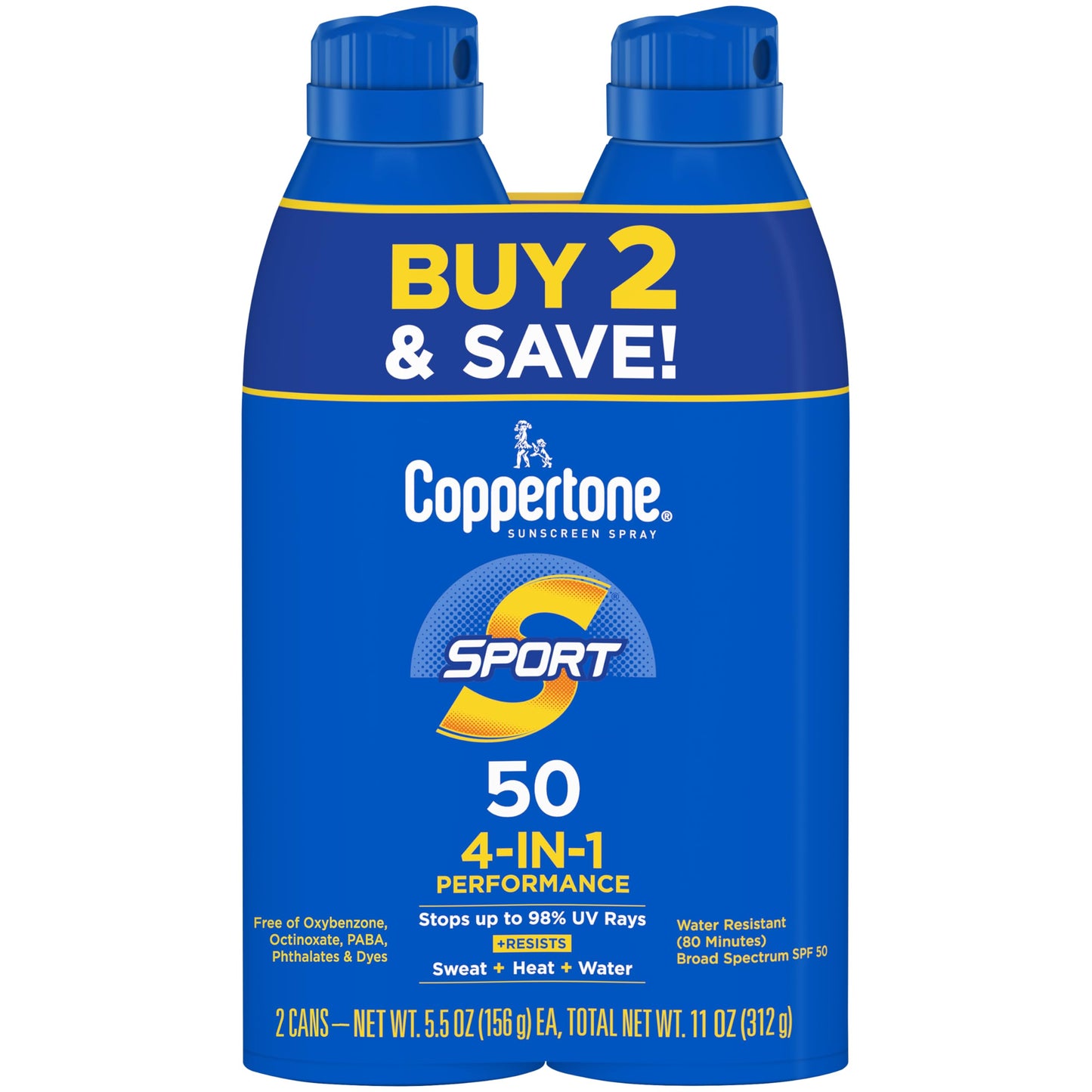Coppertone Sport Sunscreen Spray SPF 50, Sweat, Heat and Water Resistant Sunblock, Lightweight, Oxybenzone Free, Spray Sunscreen Bulk Pack, 5.5 Oz Bottle, Pack of 3