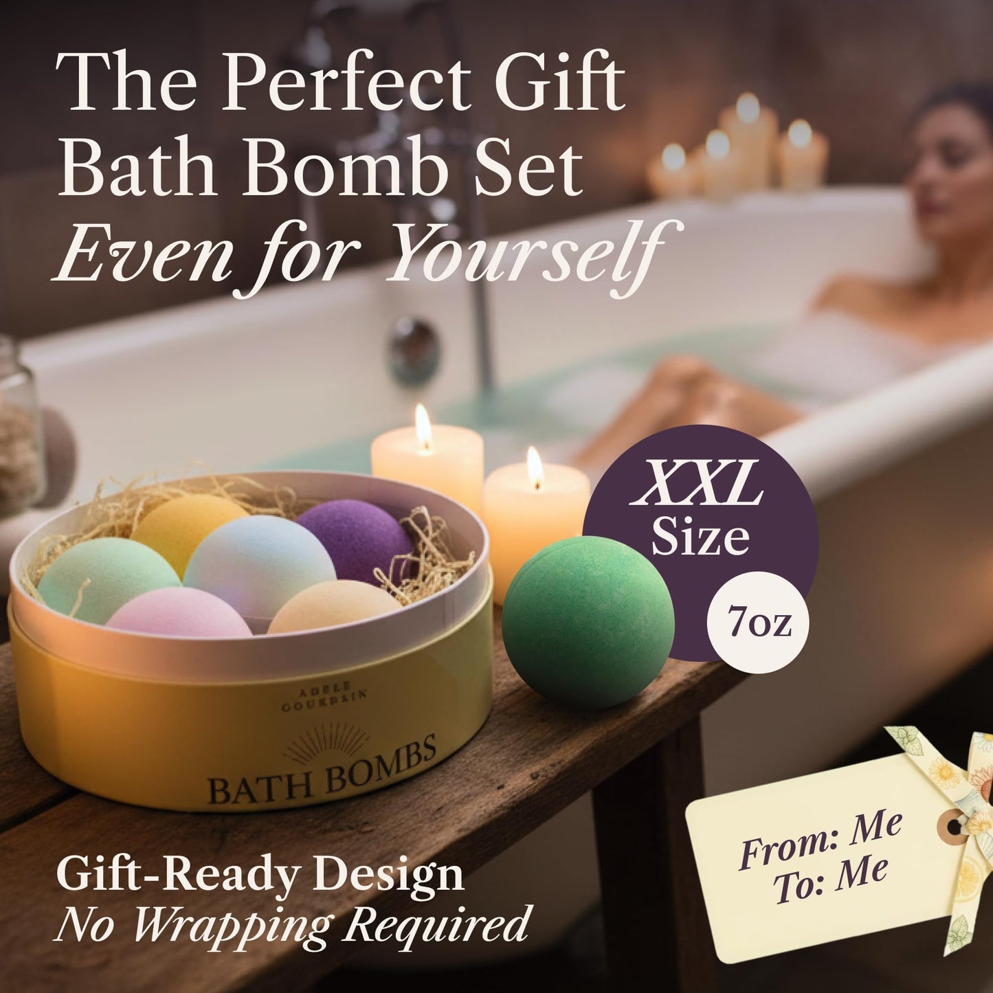 XXXL Bath Bombs for Women Gift Set, 7 Pack, Spa Scents, Adelegourdain | 7 Scents - Arrives in Gift Box - XXXL (200g) - Long-lasting Fizz & Scent - Non-Staining - For Birthdays, Mothersday and More
