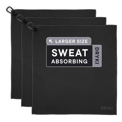 DRYKI Sweat Absorbing Handkerchiefs - The Original Pocket-Sized Sweat Towels - Quick-Dry Microfiber Sweat Rags for Face, Hands, & Body - Men & Women - Gym, Sports, and Work (Black: 5 Pack)