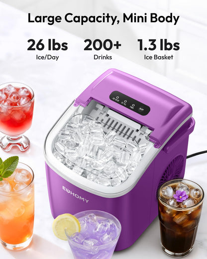 EUHOMY Countertop Ice Maker Machine with Handle, 26lbs Per Day, 9 Ice Cubes Ready in 6 Mins, Auto-Cleaning Portable Ice Maker with Basket and Scoop, for Home/Kitchen/Camping/RV (Purple)
