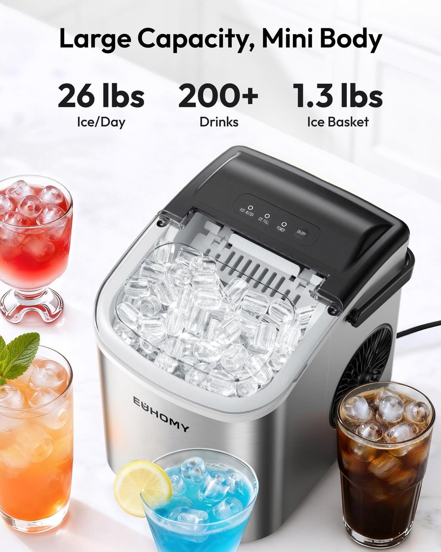 EUHOMY Countertop Ice Maker Machine with Handle, 26lbs Per Day, 9 Ice Cubes Ready in 6 Mins, Auto-Cleaning Portable Ice Maker with Basket and Scoop, for Home/Kitchen/Camping/RV (Purple)