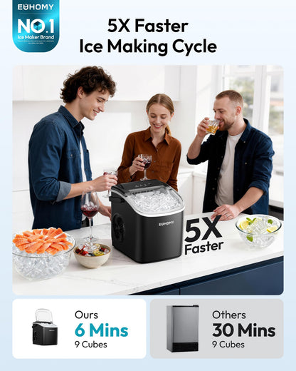 EUHOMY Countertop Ice Maker Machine with Handle, 26lbs Per Day, 9 Ice Cubes Ready in 6 Mins, Auto-Cleaning Portable Ice Maker with Basket and Scoop, for Home/Kitchen/Camping/RV (Purple)
