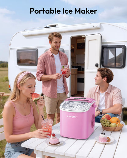 EUHOMY Countertop Ice Maker Machine with Handle, 26lbs Per Day, 9 Ice Cubes Ready in 6 Mins, Auto-Cleaning Portable Ice Maker with Basket and Scoop, for Home/Kitchen/Camping/RV (Purple)