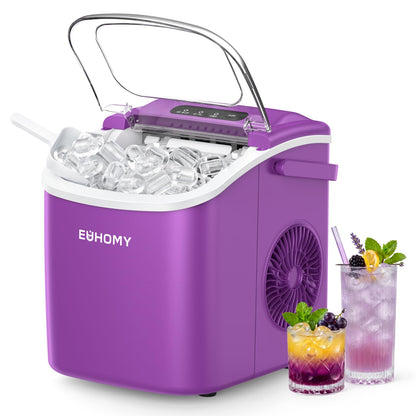 EUHOMY Countertop Ice Maker Machine with Handle, 26lbs Per Day, 9 Ice Cubes Ready in 6 Mins, Auto-Cleaning Portable Ice Maker with Basket and Scoop, for Home/Kitchen/Camping/RV (Purple)