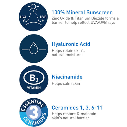 CeraVe 100% Mineral Sunscreen SPF 50 with Zinc Oxide & Titanium Dioxide, Hyaluronic Acid & Ceramides, Oil Free & Non-Greasy, Hydrating Mineral Sunscreen For Body, 5 oz