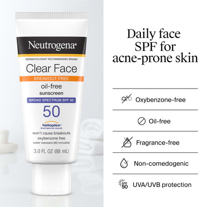 Neutrogena Clear Face Sunscreen Lotion SPF 50 for Acne-Prone Skin Broad Spectrum UVA UVB Protection Oil-Free No-Fragrance No-Oxybenzone Water-Resistant Daily Face Moisturizer, 3 fl oz