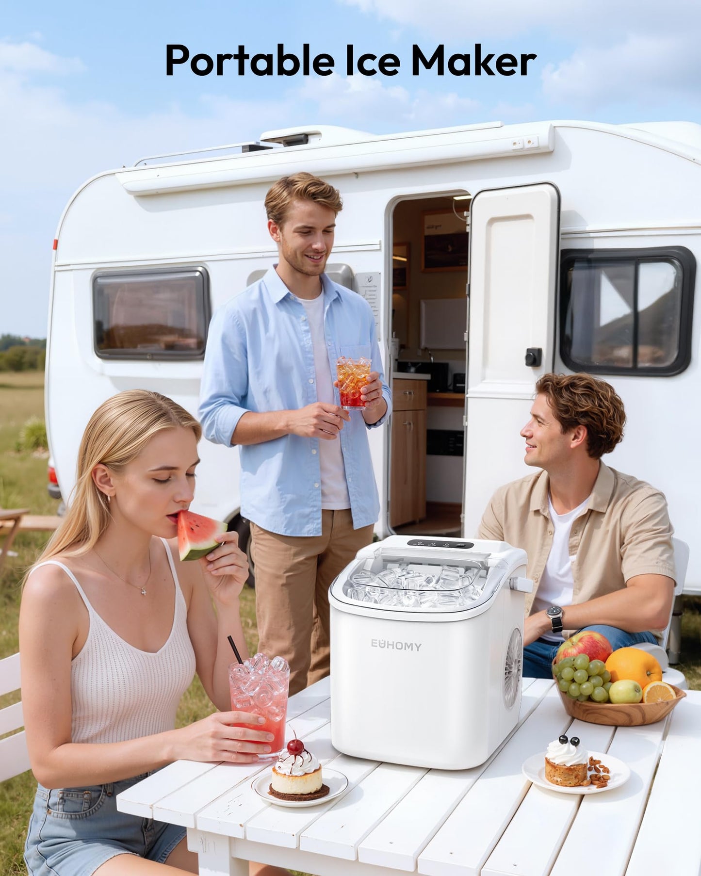 EUHOMY Countertop Ice Maker Machine with Handle, 26lbs Per Day, 9 Ice Cubes Ready in 6 Mins, Auto-Cleaning Portable Ice Maker with Basket and Scoop, for Home/Kitchen/Camping/RV (Purple)