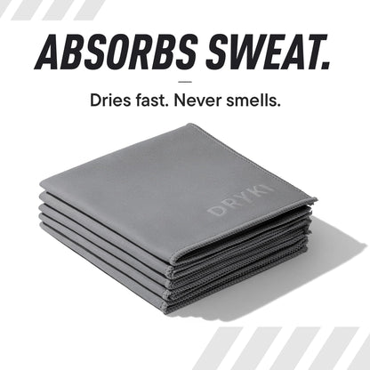 DRYKI Sweat Absorbing Handkerchiefs - The Original Pocket-Sized Sweat Towels - Quick-Dry Microfiber Sweat Rags for Face, Hands, & Body - Men & Women - Gym, Sports, and Work (Black: 5 Pack)