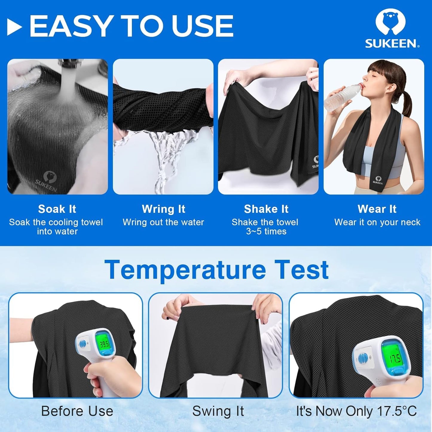 Sukeen 8 Pack Cooling Towels (40"x12"), Cooling Towels for Neck and Face, Microfiber Soft Breathable Chilly Ice Towel, Sweat Towel for Gym, Yoga, Sports, Golf, Camping, Running, Fitness, Workout