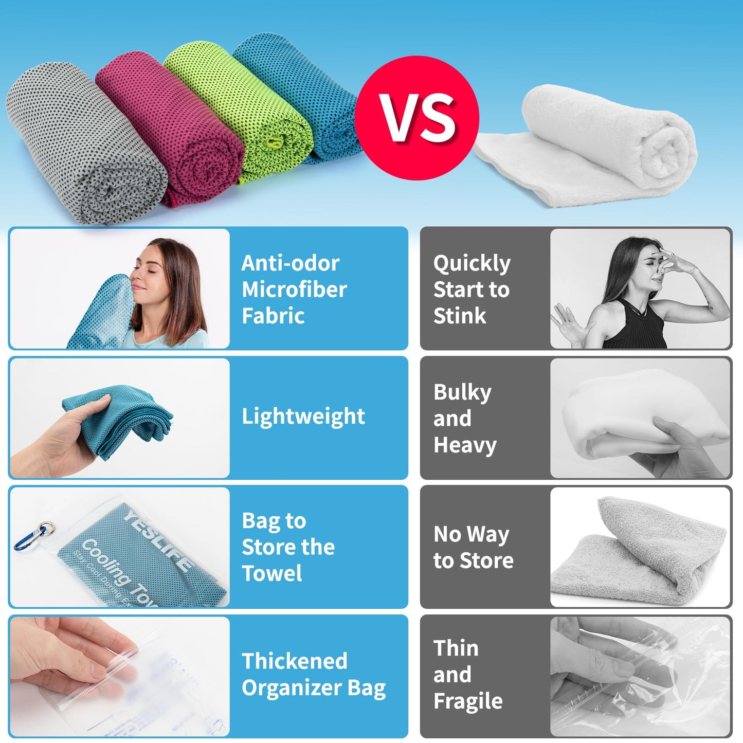 YESLIFE 4 Pack Cooling Towels (40"x12"), Gym Sweat Towels, Cooling Neck Wraps, Soft Breathable Microfiber Towels for Yoga, Running, Sport, Workout, Camping & More (Multicolor)