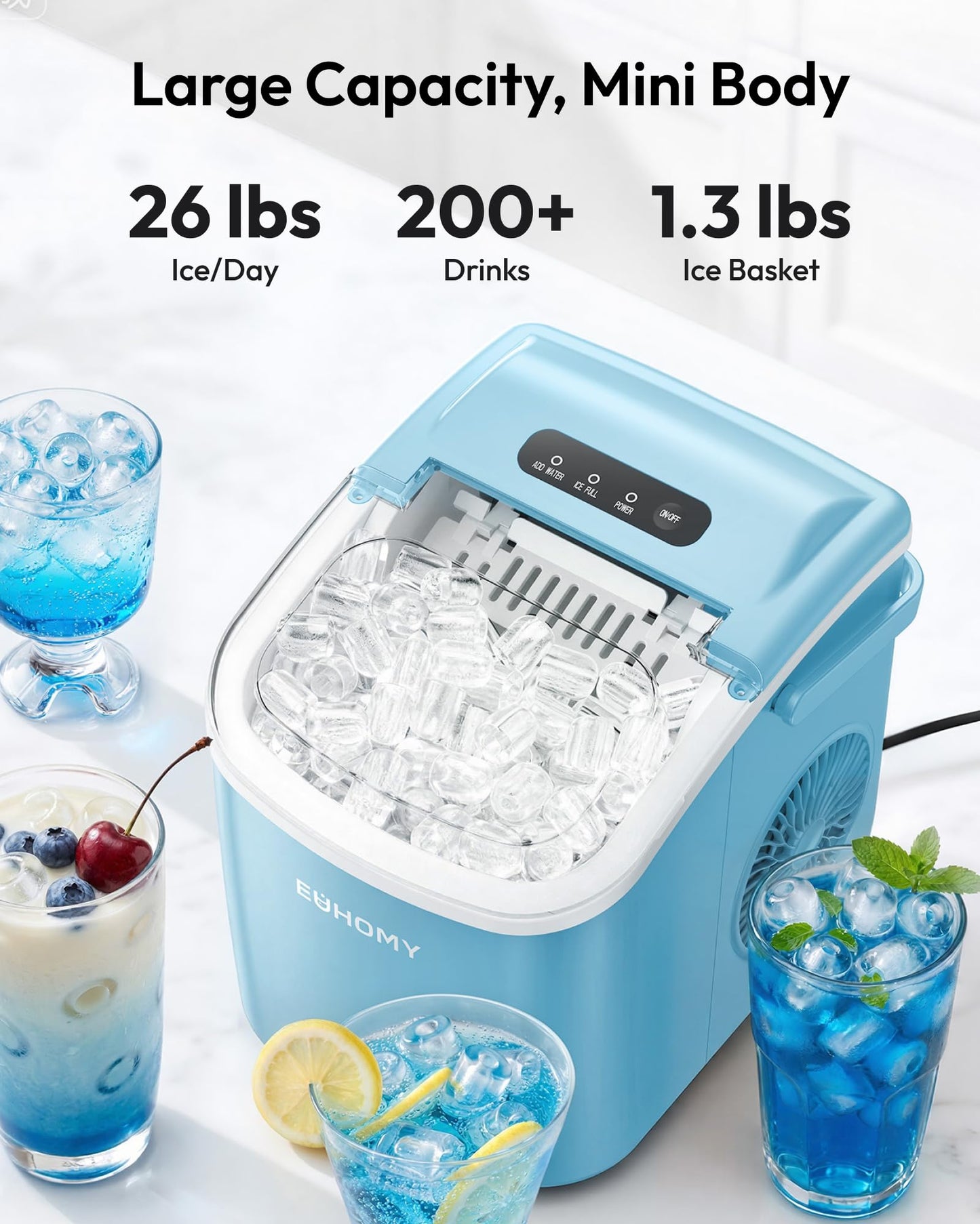 EUHOMY Countertop Ice Maker Machine with Handle, 26lbs Per Day, 9 Ice Cubes Ready in 6 Mins, Auto-Cleaning Portable Ice Maker with Basket and Scoop, for Home/Kitchen/Camping/RV (Purple)