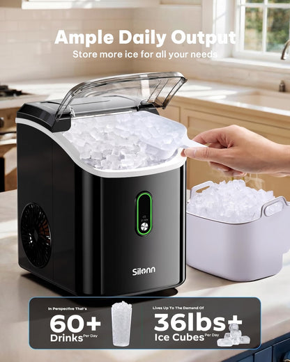 Nugget Ice Maker Countertop, Silonn Chewable Pellet Ice Machine with Self-Cleanin Function, 36lbs/24H Portable Ice Makers for Home Kitchen Officce, Black