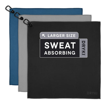 DRYKI Sweat Absorbing Handkerchiefs - The Original Pocket-Sized Sweat Towels - Quick-Dry Microfiber Sweat Rags for Face, Hands, & Body - Men & Women - Gym, Sports, and Work (Black: 5 Pack)