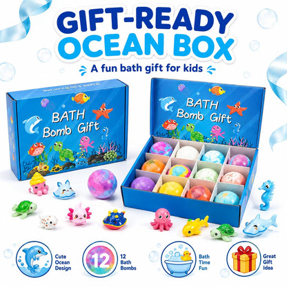 Bath Bombs with Toys Inside, 12 Pack Kids Bath Bombs with Surprise Inside, Play Fizz Bubble Bath Ball, Natural Organic Non Toxic Bath Bomb Gift Set for Boys Girls Toddler (Sea Animal)