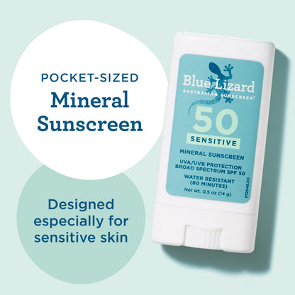 Blue Lizard Sensitive Mineral SPF 50 Sunscreen Lotion, 100% Mineral Sunscreen, UVA/UVB Protection, Infused with organic Aloe Vera, Soothes and Hydrates, 5 fl oz