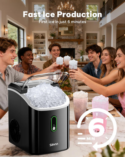 Nugget Ice Maker Countertop, Silonn Chewable Pellet Ice Machine with Self-Cleanin Function, 36lbs/24H Portable Ice Makers for Home Kitchen Officce, Black