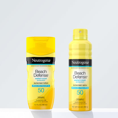 Neutrogena Sunscreen Lotion Beach Defense SPF 50, Face and Body Sunscreen, Hawaii Reef Act 104 Compliant, Octinoxate & Oxybenzone Free, Fast Absorbing Sun Care, 6.7 fl oz