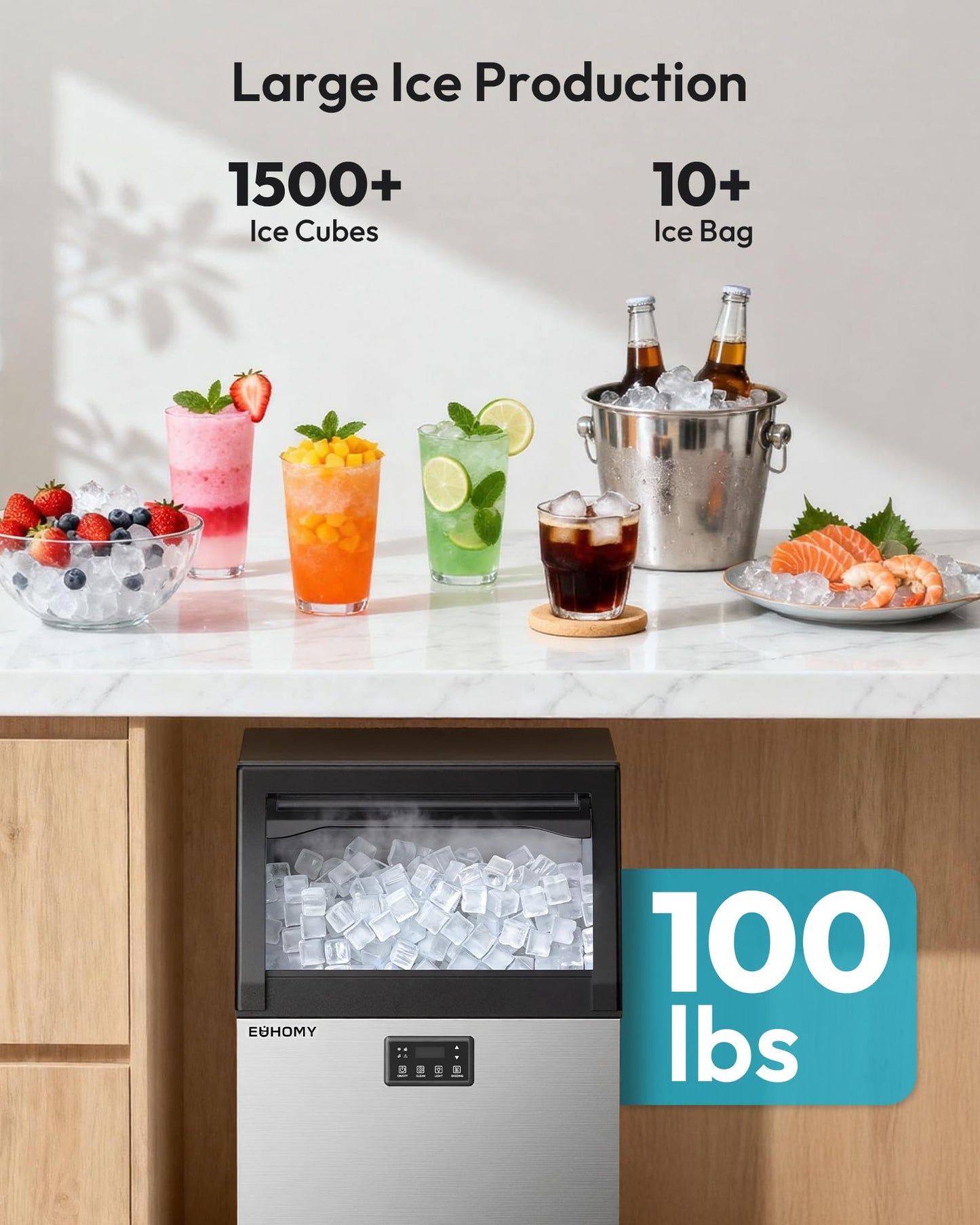 EUHOMY Commercial Ice Maker Machine, 100lbs/24H Stainless Steel Under Counter ice Machine with 33lbs Ice Storage Capacity, Freestanding Ice Maker.