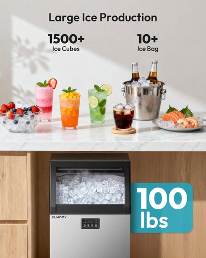 EUHOMY Commercial Ice Maker Machine, 100lbs/24H Stainless Steel Under Counter ice Machine with 33lbs Ice Storage Capacity, Freestanding Ice Maker.
