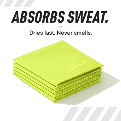 DRYKI Sweat Absorbing Handkerchiefs - The Original Pocket-Sized Sweat Towels - Quick-Dry Microfiber Sweat Rags for Face, Hands, & Body - Men & Women - Gym, Sports, and Work (Black: 5 Pack)