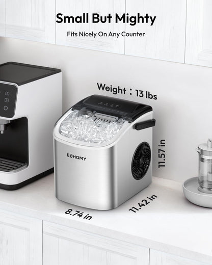 EUHOMY Countertop Ice Maker Machine with Handle, 26lbs Per Day, 9 Ice Cubes Ready in 6 Mins, Auto-Cleaning Portable Ice Maker with Basket and Scoop, for Home/Kitchen/Camping/RV (Purple)