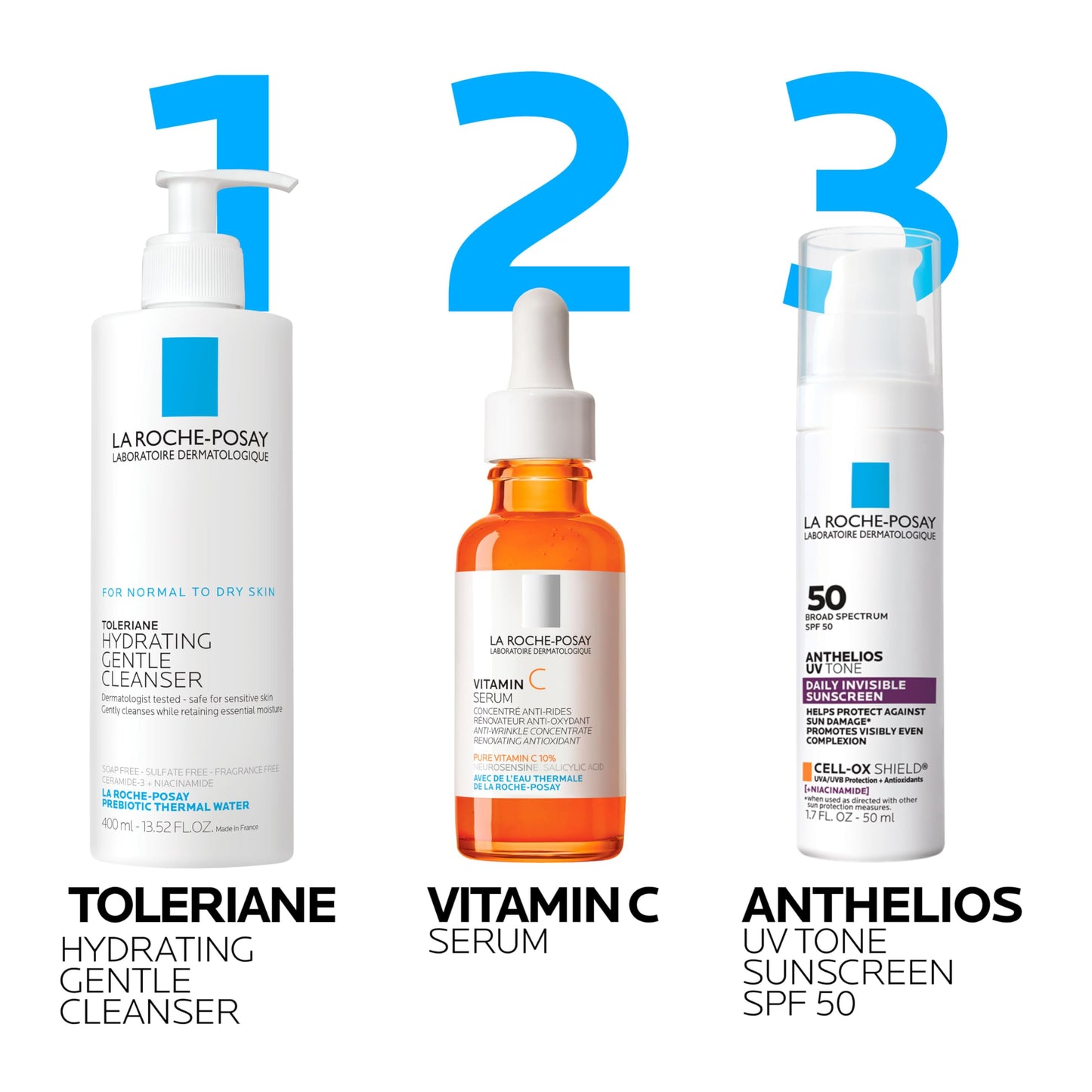 La Roche Posay Anthelios UV Sunscreen SPF 50, Daily Sunscreen for Face in 3 Formulas, UV Tone with Niacinamide, UV Hydra with Hyaluronic Acid, UV Clear with Azelaic Acid, Broad Spectrum Invisible SPF