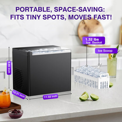 Countertop Ice Makers Machine, Portable Ice Machine Producing 9 Ice Cubes Within 6 Mins, Bullet Ice Available in Two Sizes(S/L), Compact Mini Ice Maker Appliance for Home Kitchen Camping (Soot)