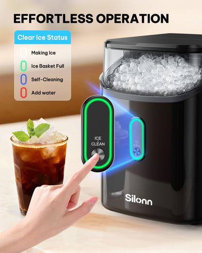 Nugget Ice Maker Countertop, Silonn Chewable Pellet Ice Machine with Self-Cleanin Function, 36lbs/24H Portable Ice Makers for Home Kitchen Officce, Black
