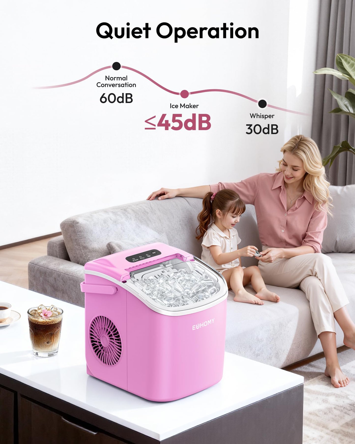 EUHOMY Countertop Ice Maker Machine with Handle, 26lbs Per Day, 9 Ice Cubes Ready in 6 Mins, Auto-Cleaning Portable Ice Maker with Basket and Scoop, for Home/Kitchen/Camping/RV (Purple)