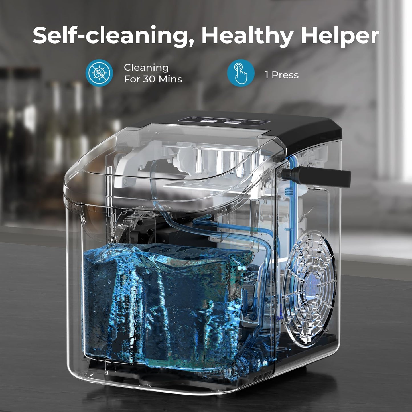 Countertop Ice Maker Machine, 8 Ice Cubes in 6 mins, 26lb/Day Ice with 2 Sizes- Portable Mini, Energy Saving & Basket/Scoop for Home/Party/Travel/Camping/Bar,Black