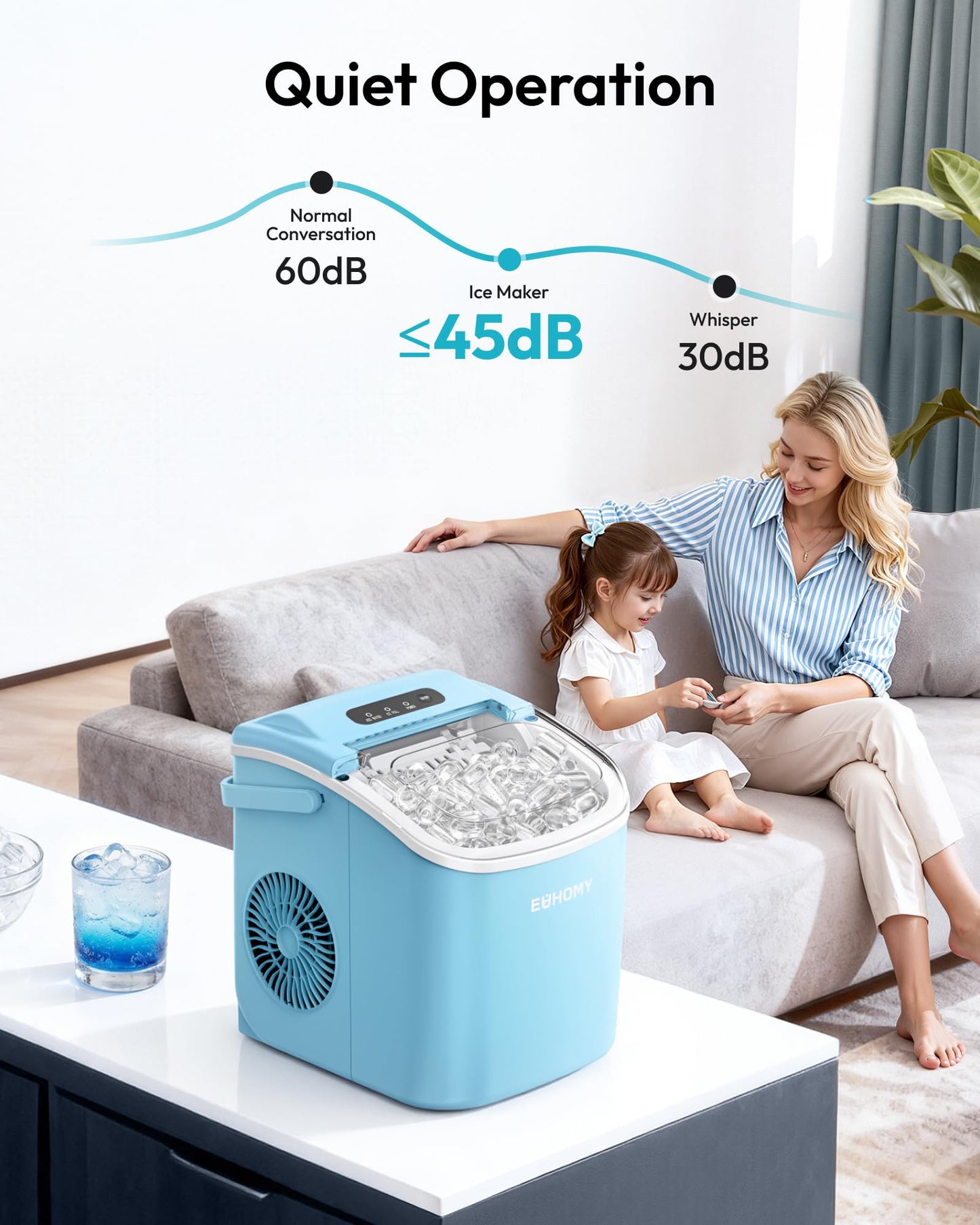 EUHOMY Countertop Ice Maker Machine with Handle, 26lbs Per Day, 9 Ice Cubes Ready in 6 Mins, Auto-Cleaning Portable Ice Maker with Basket and Scoop, for Home/Kitchen/Camping/RV (Purple)