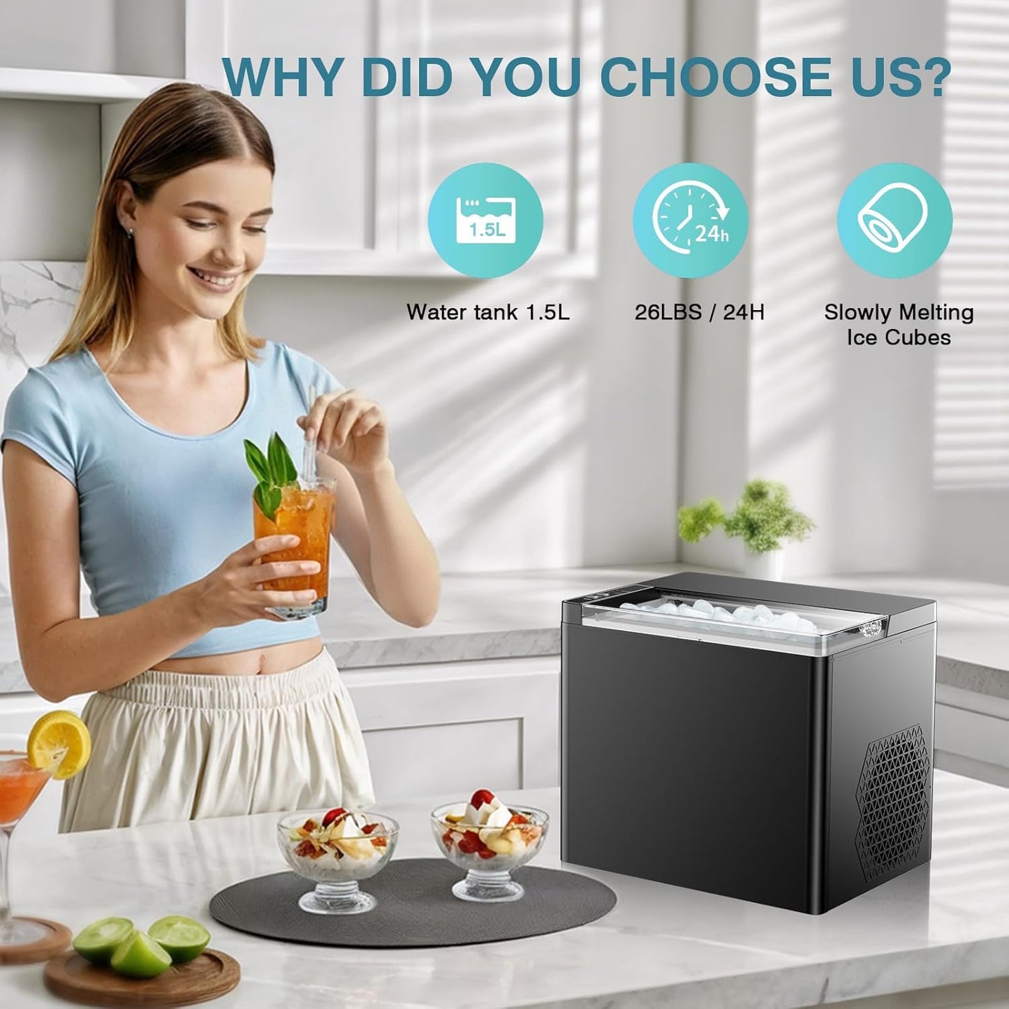 Countertop Ice Makers Machine, Portable Ice Machine Producing 9 Ice Cubes Within 6 Mins, Bullet Ice Available in Two Sizes(S/L), Compact Mini Ice Maker Appliance for Home Kitchen Camping (Soot)